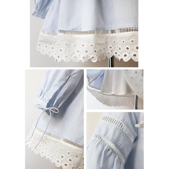 Blue Striped Cotton Eyelet Embroidery Ruffle Dress - Picture 5 of 8